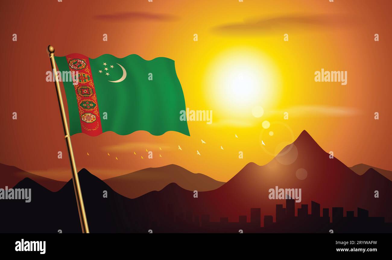 Bandiera del Turkmenistan con sfondo al tramonto di montagne e laghi Illustrazione Vettoriale