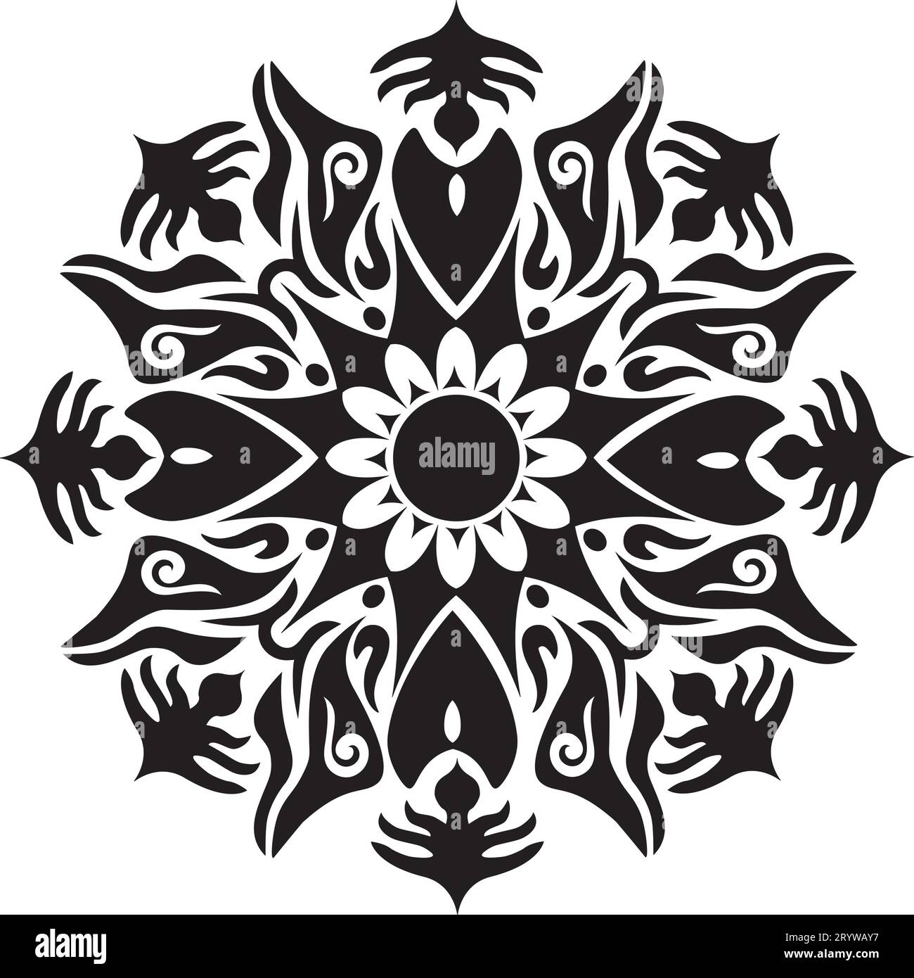 Mandala - Flower Star Sun Illustration, Nature, Energy Circle Round Beautiful Symmetry Harmony Symbol in bianco e nero Illustrazione Vettoriale