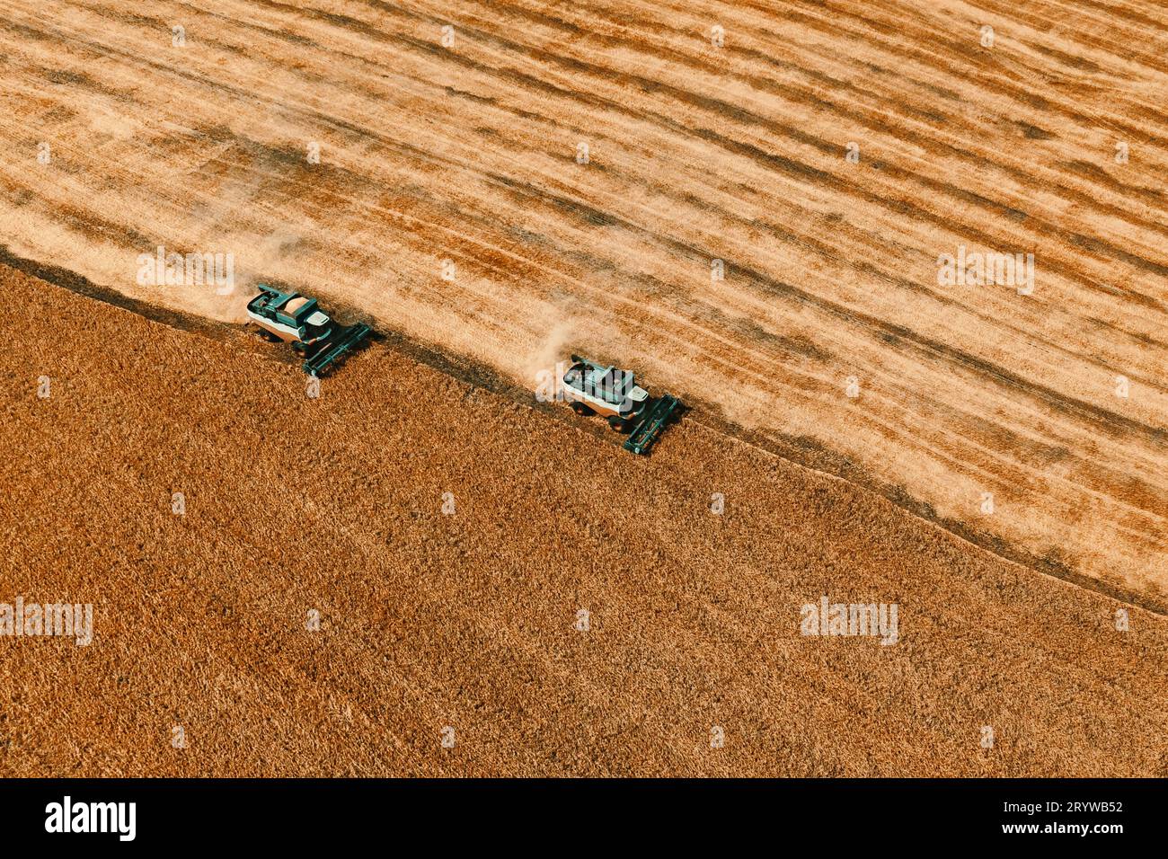 Vista aerea di due mietitrebbia su campo mietitura Foto Stock