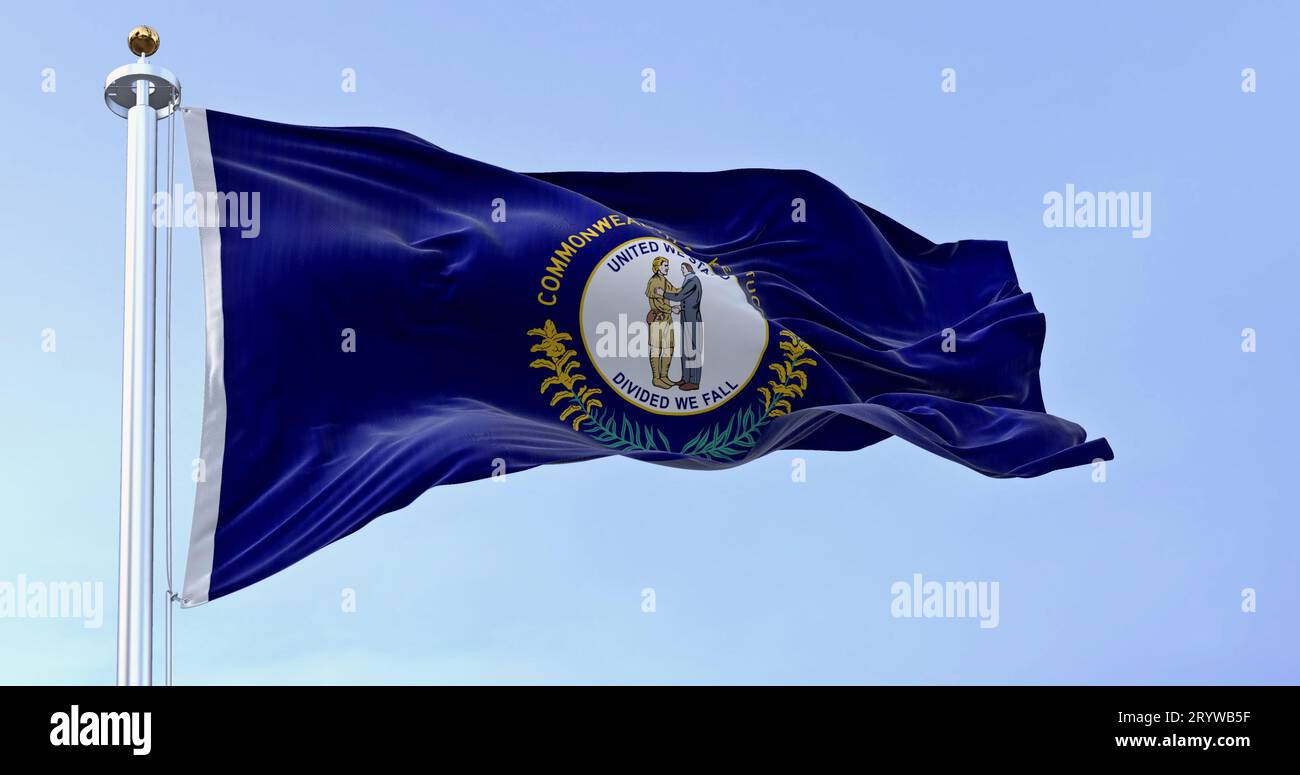 La bandiera dello stato americano del Kentucky sventolava. La bandiera del Kentucky presenta il sigillo di stato: Due uomini che si abbracciano, motto United We Stand, Divided We Fall Above. illustrazione 3d. Foto Stock