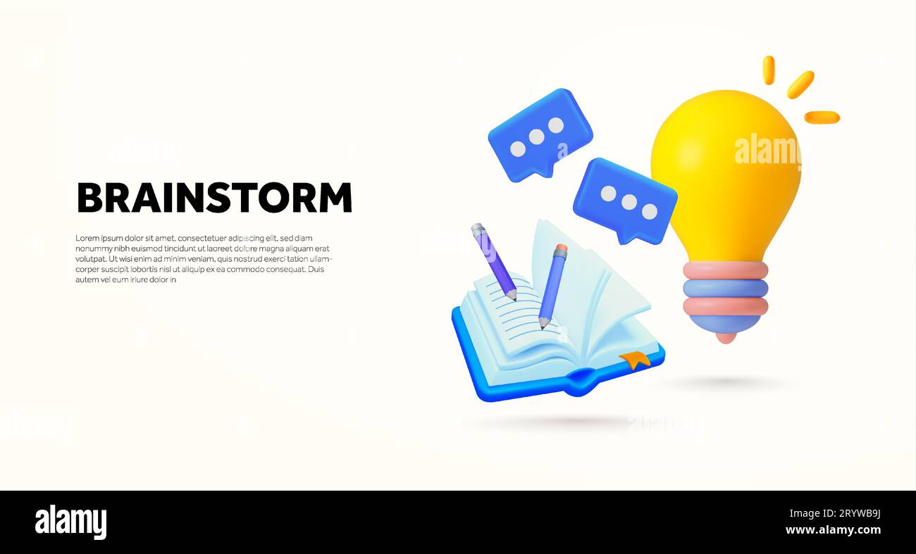 Crea un modello di brainstorming con lampadina, notebook e matite, bolle di pensiero. Landing page di idee e soluzioni. icona del libro e della lampadina con rendering 3d isolata sullo sfondo. illustrazione vettoriale 3d. Illustrazione vettoriale Illustrazione Vettoriale