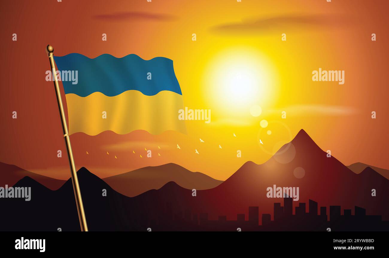 Bandiera Ucraina con sfondo al tramonto di montagne e laghi Illustrazione Vettoriale