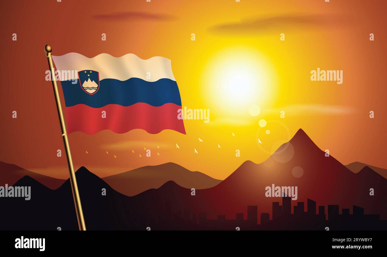 Bandiera della Slovenia con sfondo al tramonto di montagne e laghi Illustrazione Vettoriale