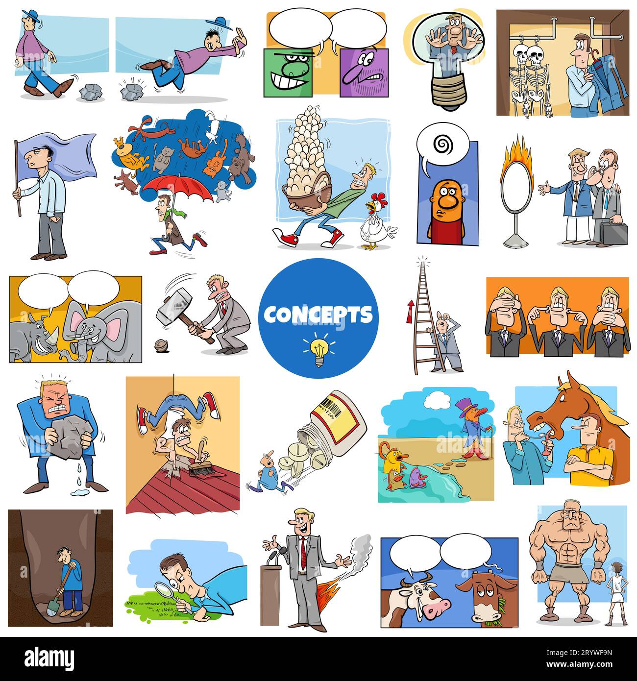 Illustrazione di un grande set di concetti umoristici di cartoni animati o metafore e idee con personaggi comici Foto Stock