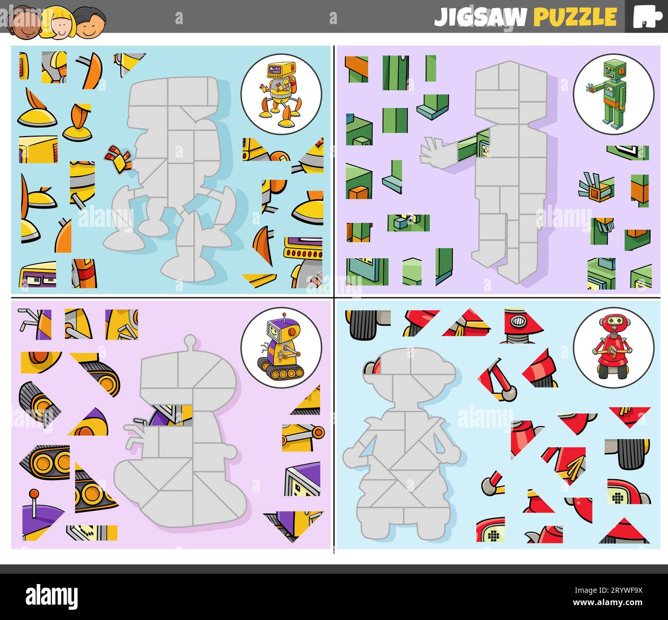 Illustrazione a cartoni animati di puzzle educativi ambientati con personaggi robot fantasy Foto Stock
