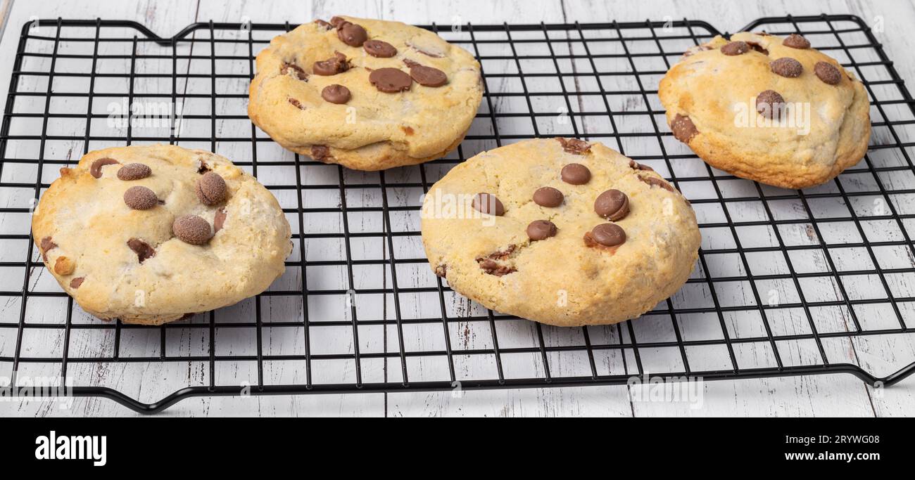 Biscotti con gocce di cioccolato su griglia metallica su un tavolo in marmo. Foto Stock