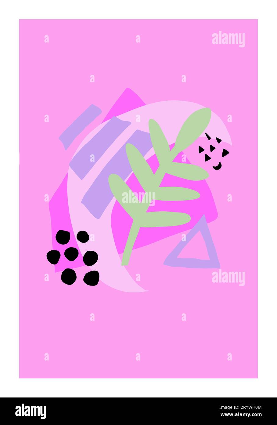 Carta astratta disegnata a mano. Poster geometrico con colori brillanti. Puntini, luna, forme diverse, foglie, composizione alla moda. Banner grafico scandinavo. Funky Illustrazione Vettoriale