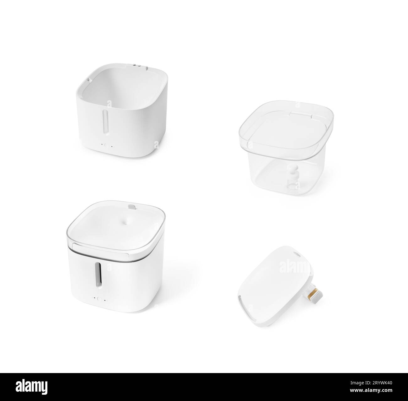 Dispenser di acqua elettrica bianca per animali domestici, bevitore intelligente per gatti, fontana con filtro sostituibile, quantità d'acqua e indicatori di sostituzione del filtro, isolare Foto Stock