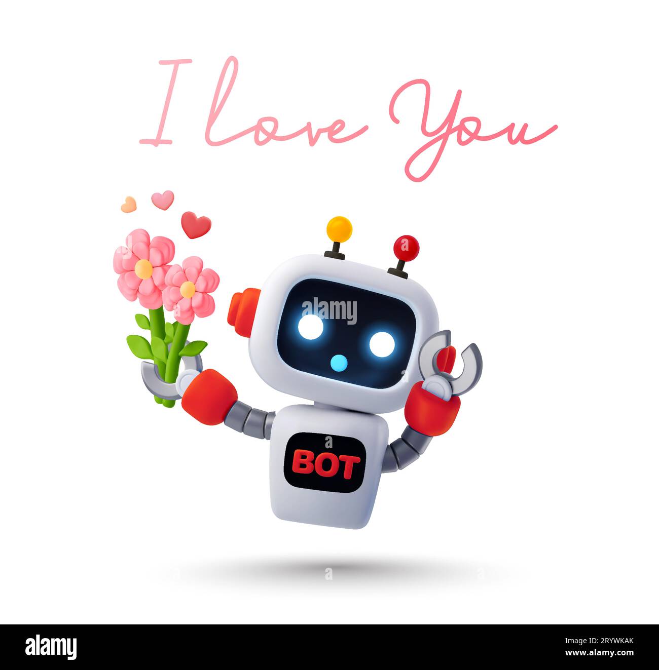 modello di banner chatbot 3d a cuore dolce con il robot che tiene il fiore. icona robot 3d resa carina e adorabile, isolata su sfondo bianco. Ti amo il concetto di emoji. illustrazione vettoriale 3d. Illustrazione vettoriale Illustrazione Vettoriale