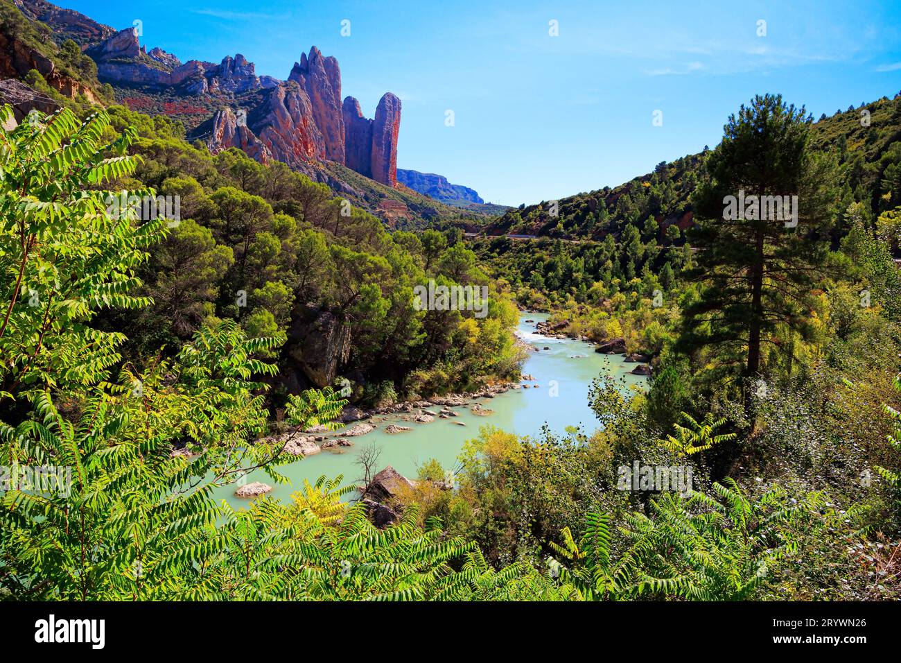 I Mallets di Riglos. Il fiume Gallego Foto Stock