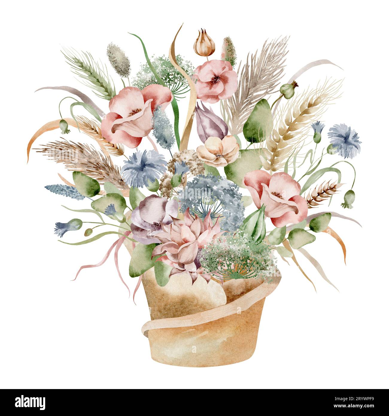 Illustrazione ad acquerello di un bouquet autunnale di fiori, in caldi colori tenui su sfondo bianco, disegnato a mano Foto Stock