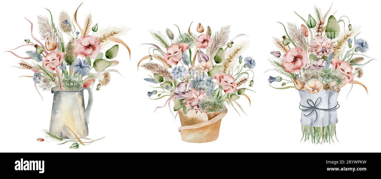 Una serie di illustrazioni ad acquerello di un bouquet autunnale di fiori, in colori caldi e scuri su sfondo bianco, disegnati a mano Foto Stock