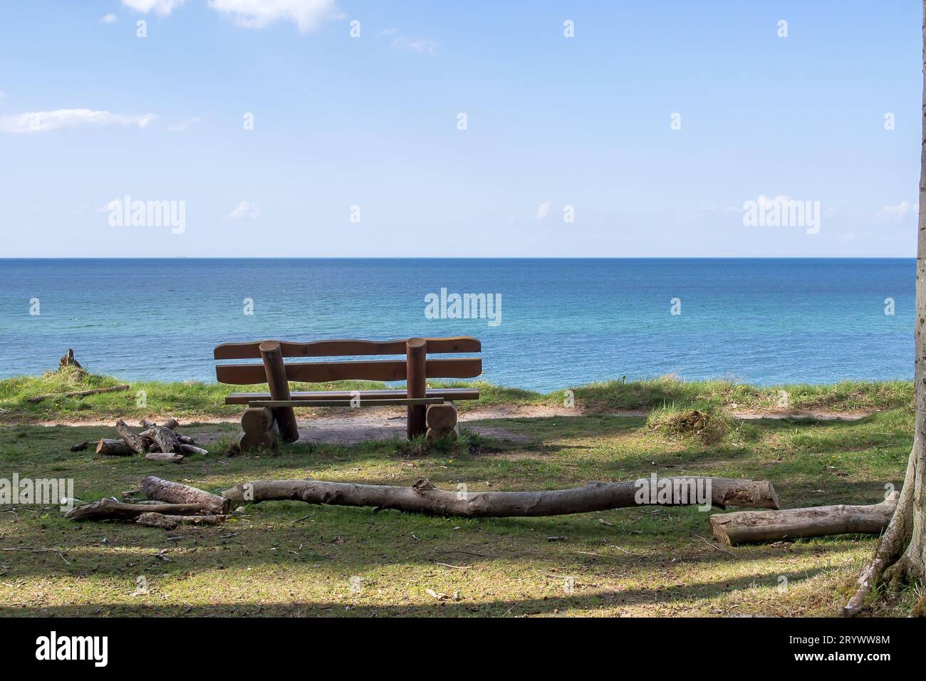 Una panchina vuota di fronte a un mare tranquillo Foto Stock
