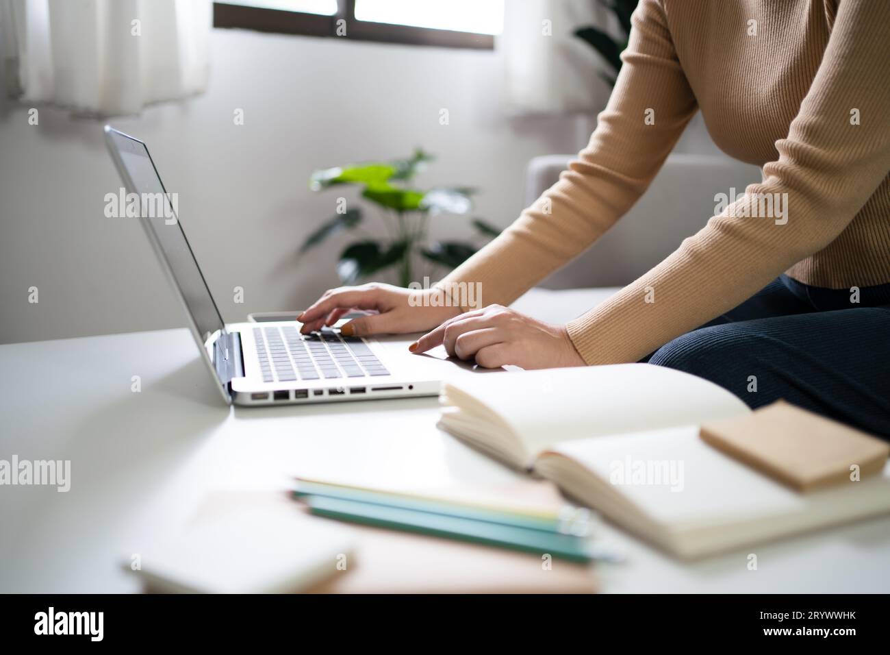 E learning studentâ formazione online per ragazze a casa. Apprendimento formazione studio esame Tutor videoconferenza chiamata tramite webcam e- Foto Stock