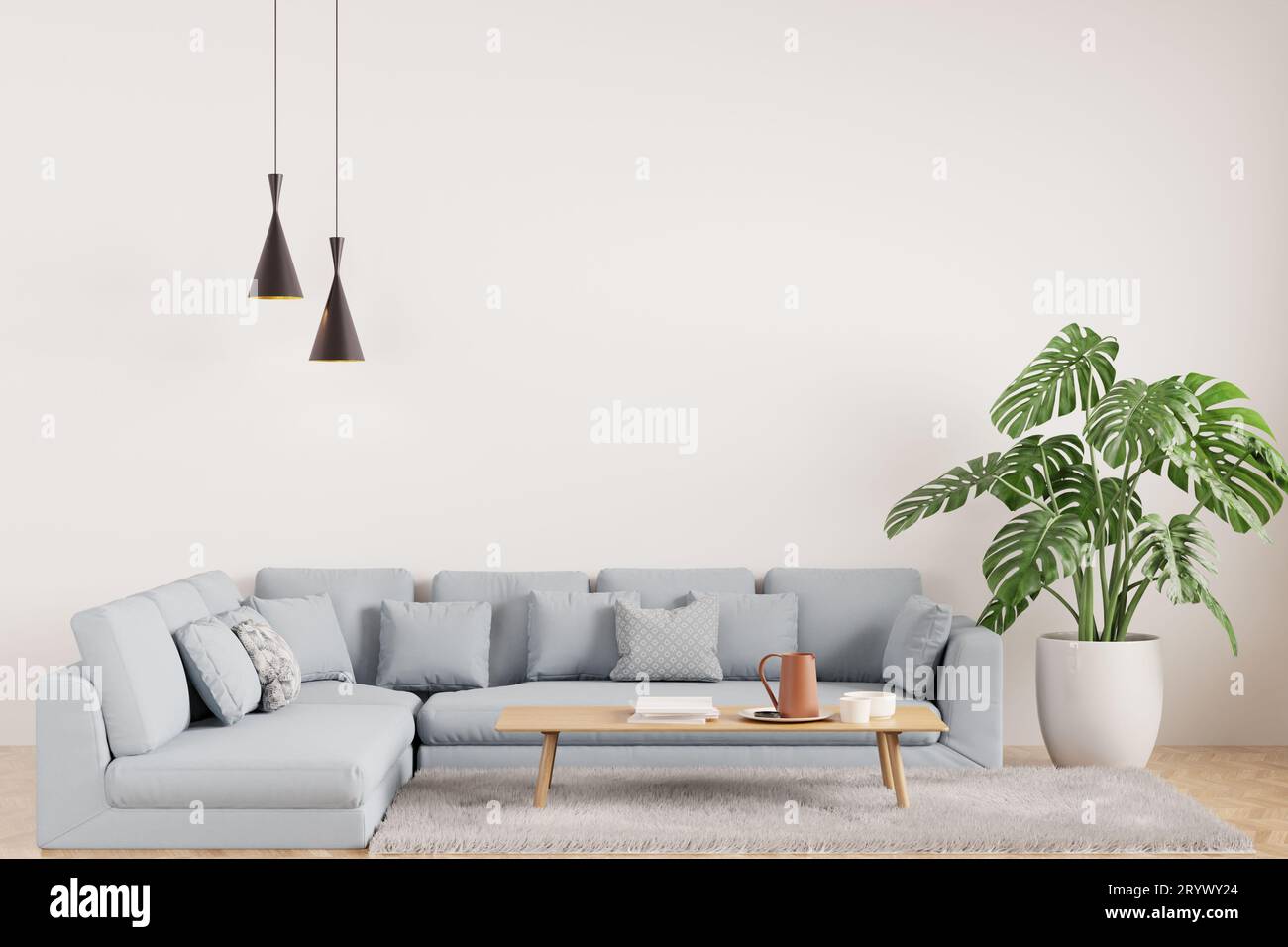 Interni bianchi e moderni del soggiorno con elegante e confortevole divano grigio blu Foto Stock