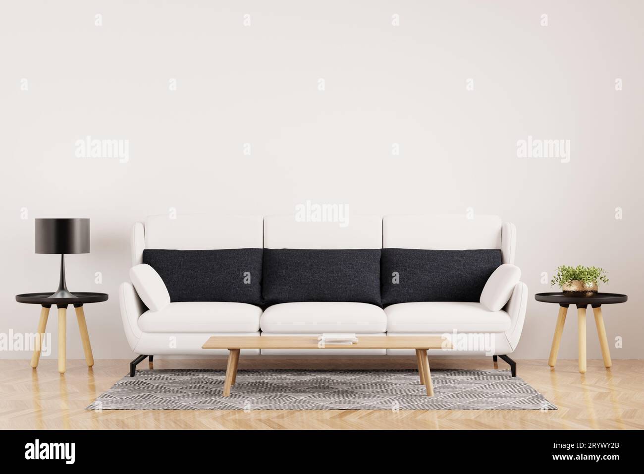 Interni bianchi e moderni del soggiorno con elegante e confortevole divano bianco Foto Stock