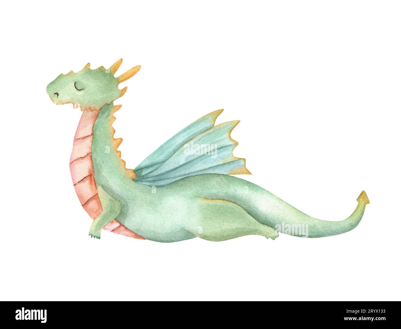 Drago che fa stretching. Simpatici animali alati che praticano esercizi di fitness. Drago verde con le ali. Stile cartoni animati. Illustrazione acquerello. Foto Stock