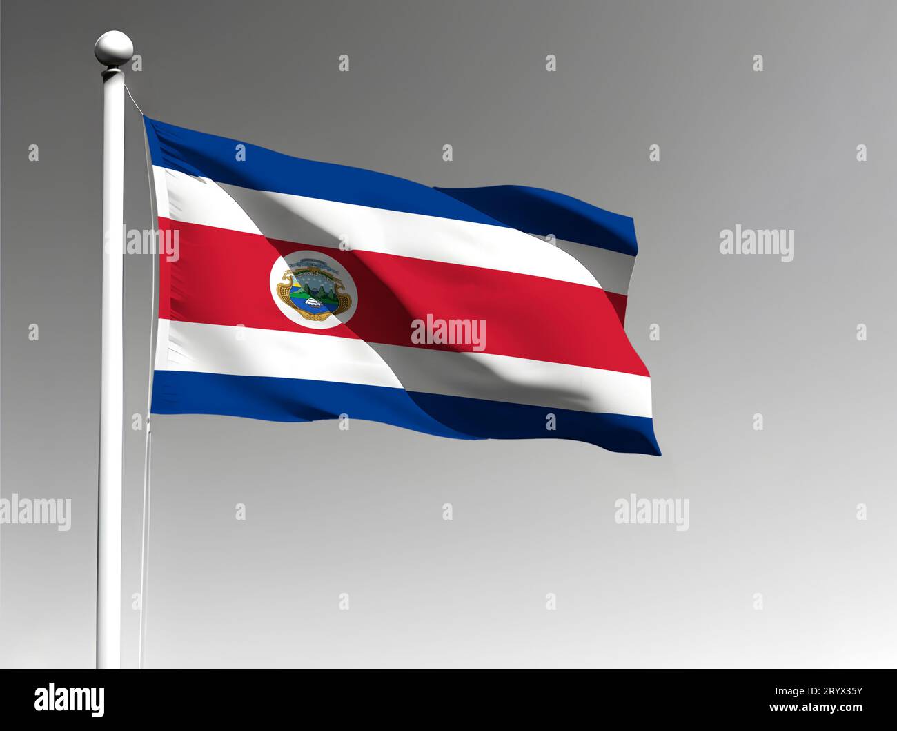 Bandiera nazionale del Costa Rica isolata che sventola su sfondo grigio Foto Stock