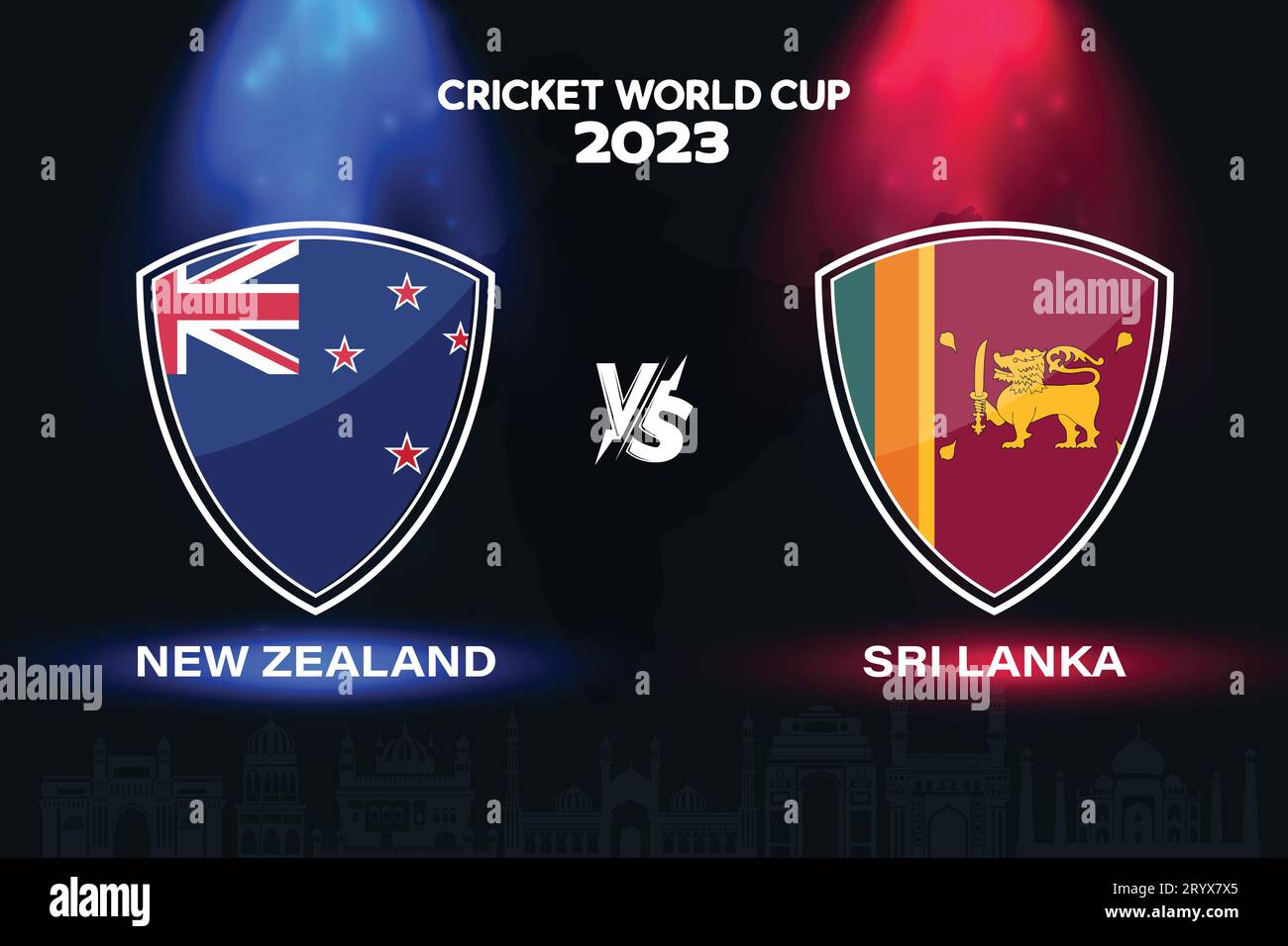 Stemma della bandiera internazionale del cricket tra nuova Zelanda e Sri Lanka sullo sfondo dello skyline indiano per l'ultima Coppa del mondo 2023 EPS Vector for Sports Match Illustrazione Vettoriale