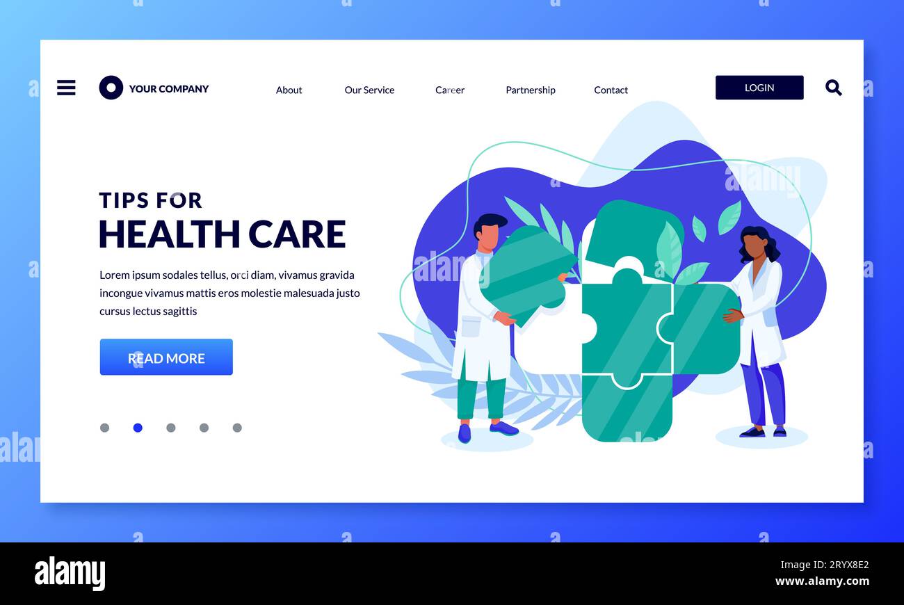 Supporto medico e concetto astratto di assistenza sanitaria. Illustrazione di cartoni animati vettoriali piatti. Dottore uomo e donna che fanno la croce verde dai puzzle. Cura della salute, Illustrazione Vettoriale