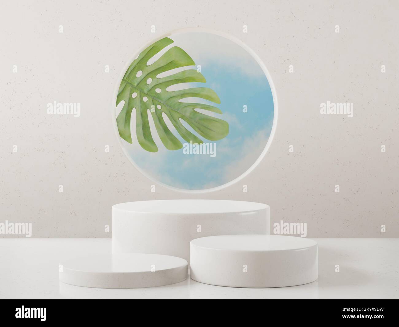 Podio cosmetico in marmo per la presentazione del prodotto e Monstera. per illustrazioni di riviste di moda. illustrazione del rendering 3d. Foto Stock