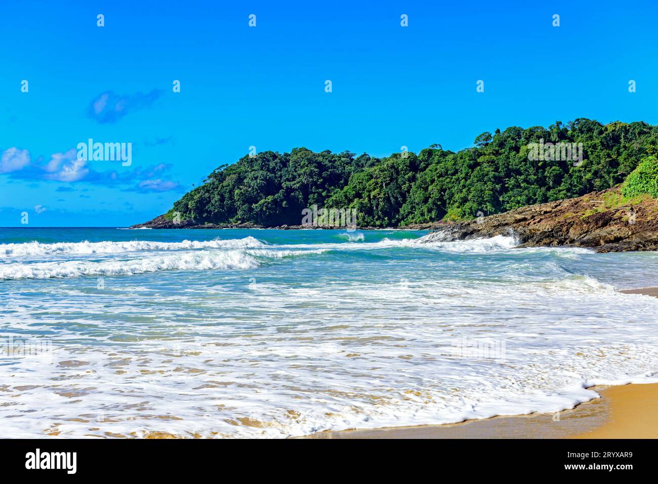 Spiaggia di Tiririca con le sue onde e la foresta pluviale Foto Stock