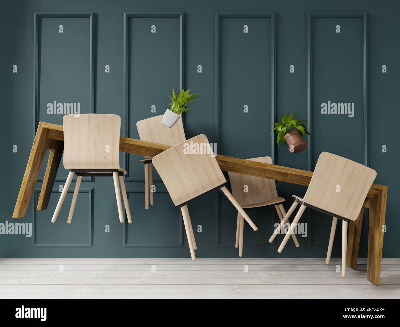 Rendering 3d levitazione tabella da pranzo in grande design room.interior Foto Stock