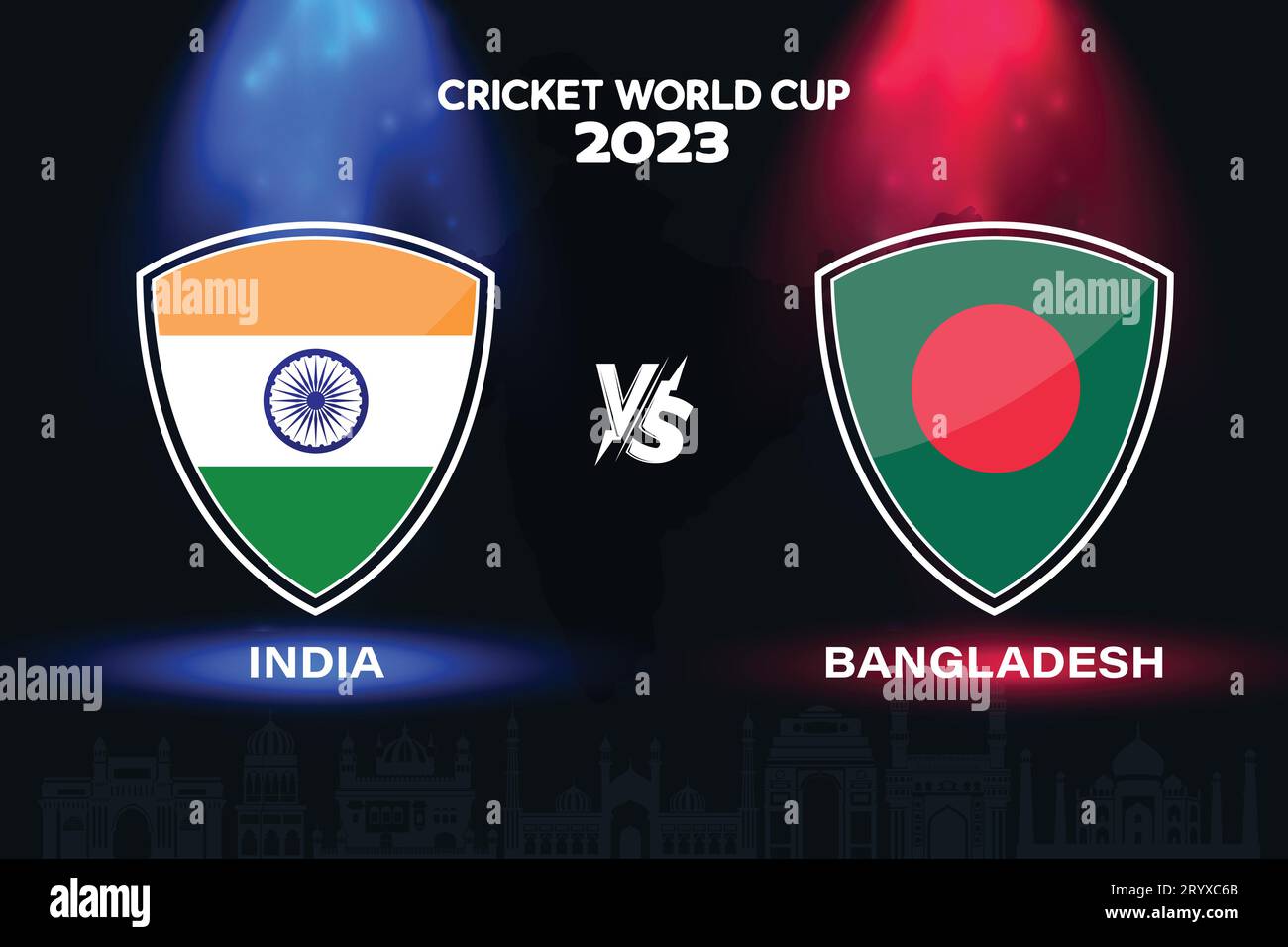 Design del distintivo della bandiera internazionale del cricket India vs Bangladesh sullo sfondo dello skyline indiano per la finale della Coppa del mondo 2023. Vettoriale EPS per partite sportive Illustrazione Vettoriale