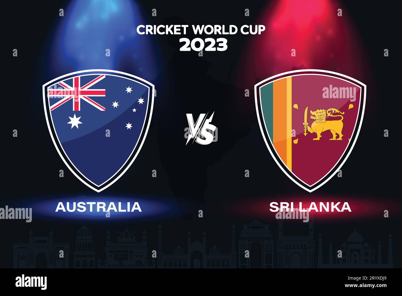 Design del distintivo della bandiera internazionale del cricket Australia vs Sri Lanka sullo sfondo dello skyline indiano per la finale della Coppa del mondo 2023. Vettoriale EPS per partite sportive Illustrazione Vettoriale
