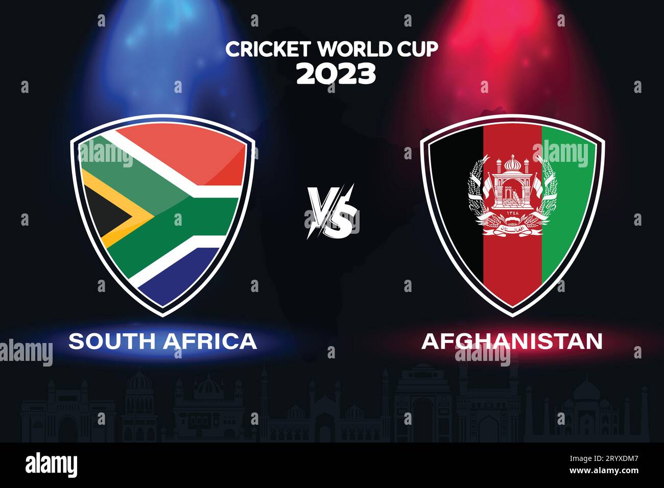 Logo della bandiera internazionale del cricket Sud Africa vs Afghanistan sullo sfondo dello skyline indiano per la finale della Coppa del mondo 2023. EPS Vector per lo sport Illustrazione Vettoriale