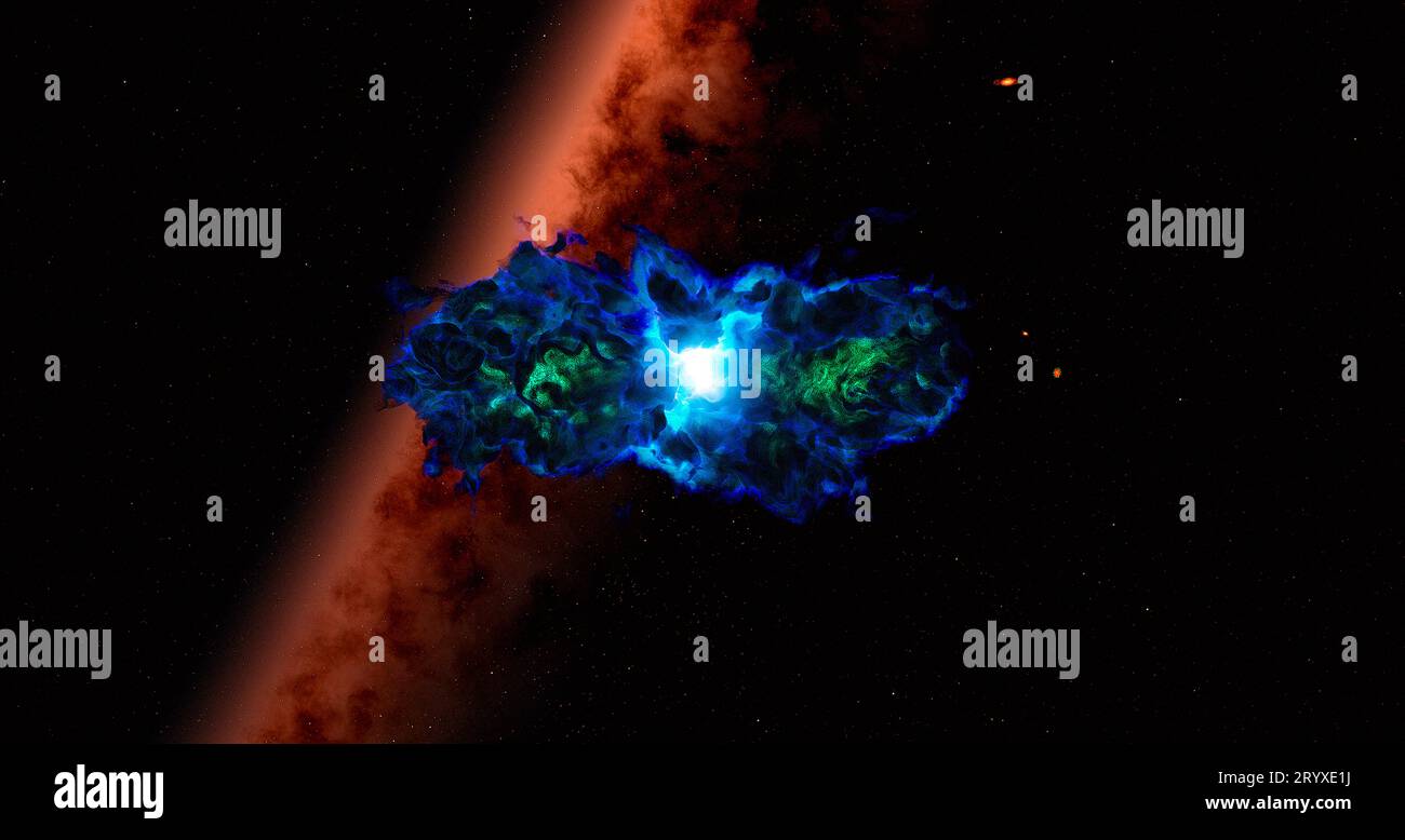 Nebulosa blu iridescente - Una nebulosa è una formazione di nubi complessa interstellare piena di stelle che producono gas, materia e plasma. Foto Stock
