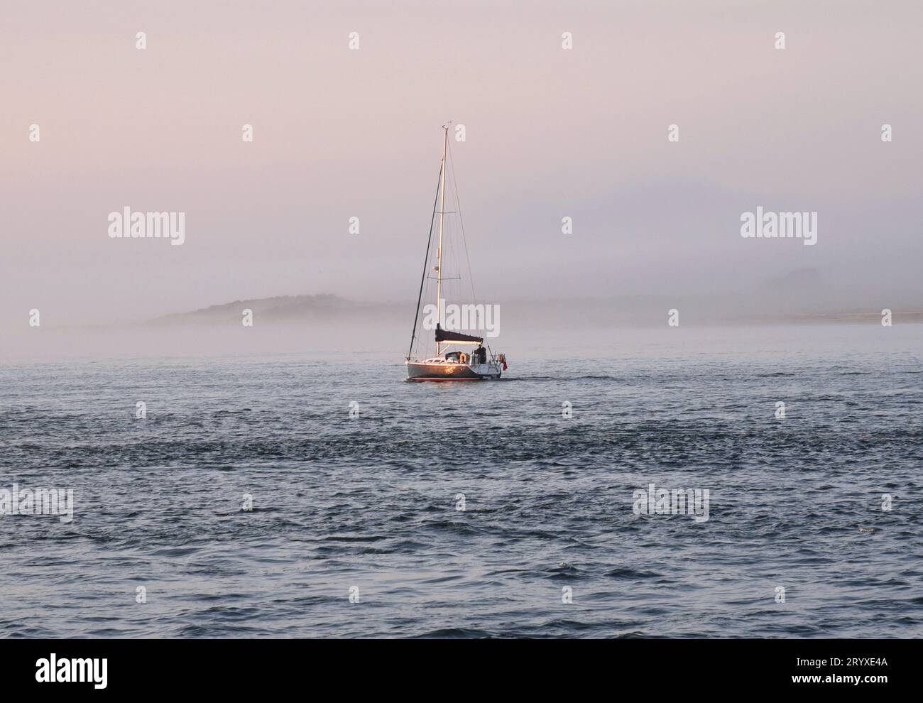Partenza mattutina di uno yacht in direzione di una riva di nebbia nel Canale della Manica Foto Stock
