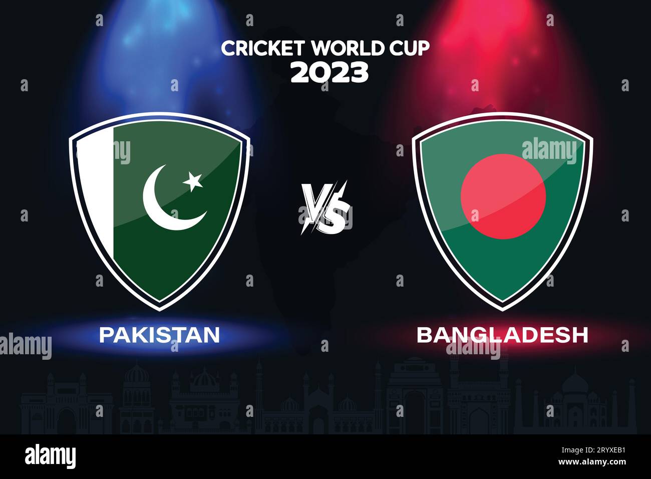 Design del distintivo della bandiera internazionale del cricket Pakistan vs Bangladesh sullo sfondo dello skyline indiano per la finale della Coppa del mondo 2023. Vettoriale EPS per partite sportive Illustrazione Vettoriale