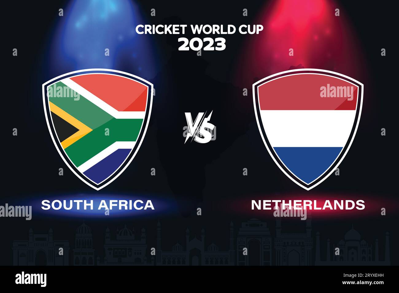 Stemma della bandiera internazionale del cricket Sud Africa vs Paesi Bassi sullo sfondo dello skyline indiano per la finale della Coppa del mondo 2023. EPS Vector per lo sport Illustrazione Vettoriale
