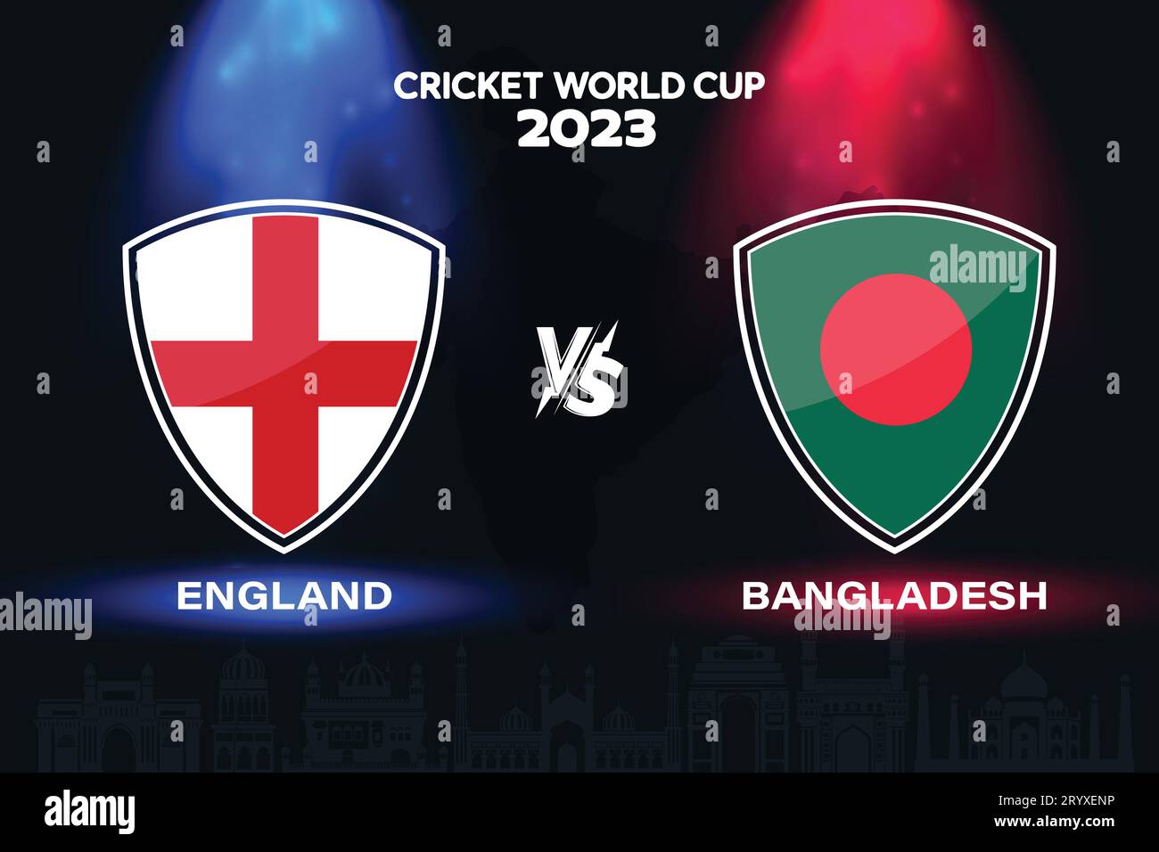 Il logo della bandiera internazionale del cricket Inghilterra vs Bangladesh sullo sfondo dello skyline indiano per la finale della Coppa del mondo 2023. Vettoriale EPS per partite sportive Illustrazione Vettoriale