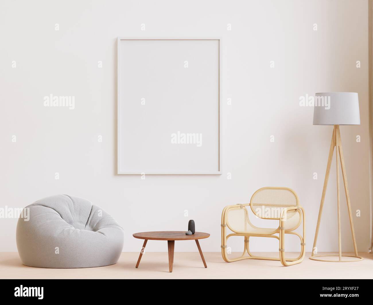 Soggiorno in stile minimalista con rendering 3D e pavimento in legno Foto Stock
