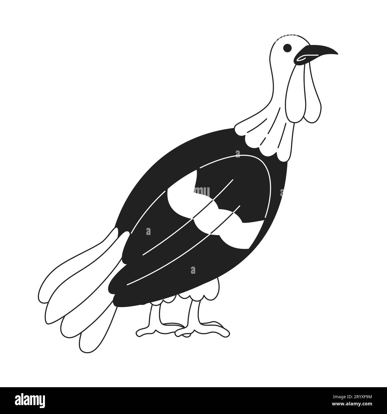 Personaggio domestico dei cartoni animati in 2D in bianco e nero con uccello di tacchino Illustrazione Vettoriale