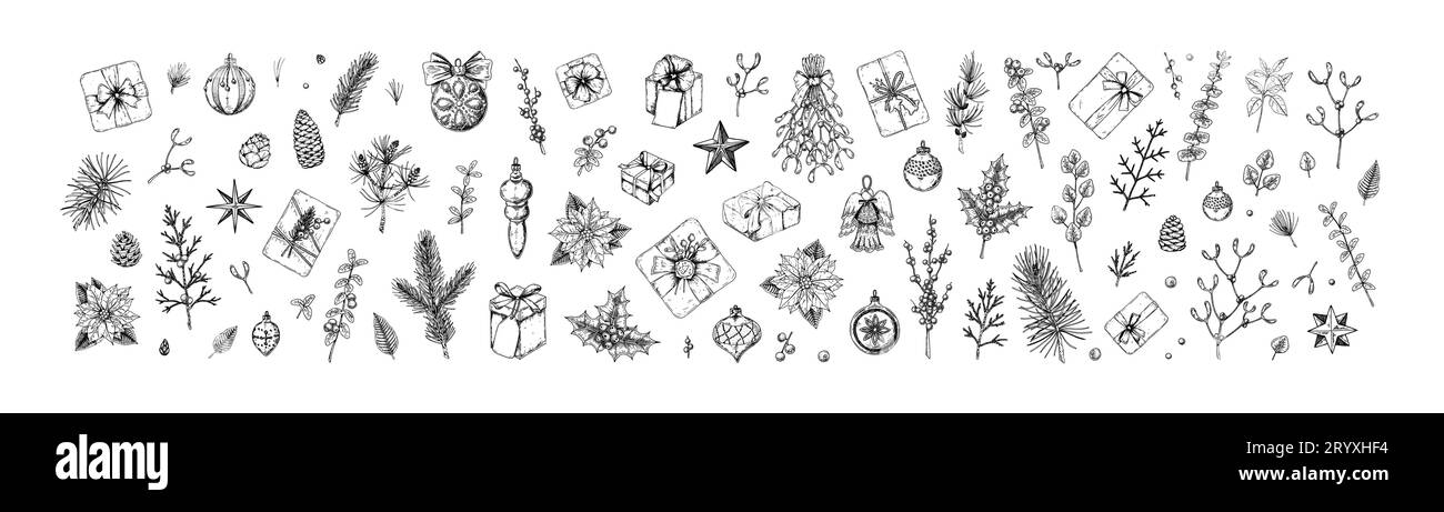 Un grande set di decorazioni natalizie allegro e felice anno nuovo. Rami dell'albero di Natale, vischio, fiore di poinsettia, palle, angelo, stelle nello schizzo Illustrazione Vettoriale