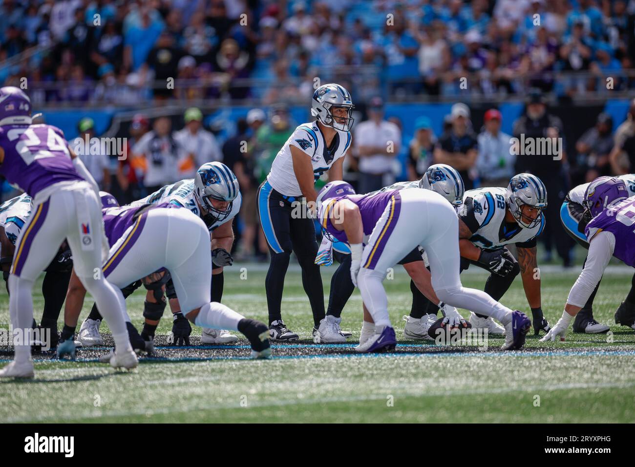 Charlotte, NC USA: Il quarterback dei Carolina Panthers Bryce Young (9) aspetta lo snap sulla linea di scrimmage durante una gara della NFL contro i Minnesota Foto Stock