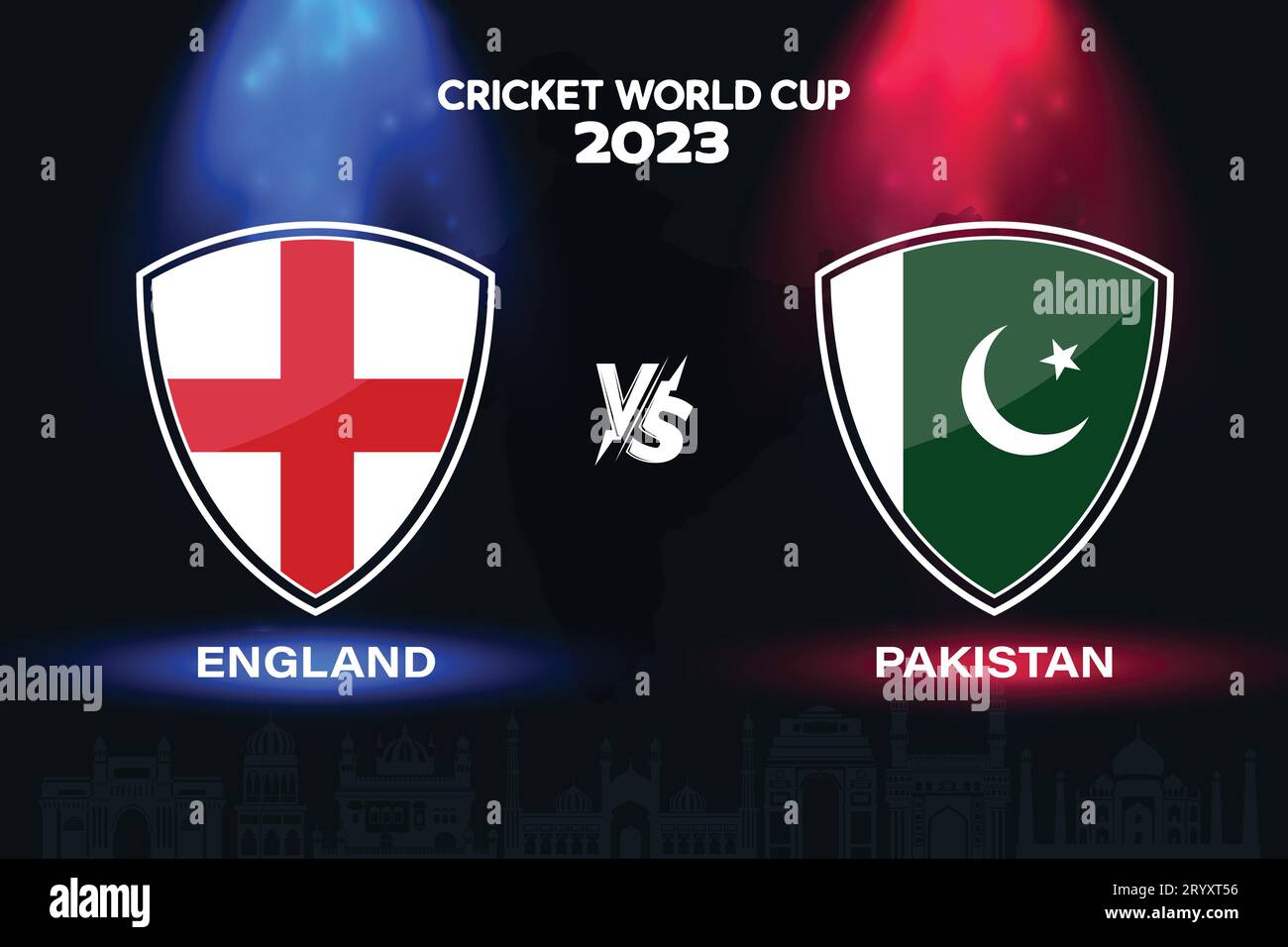 Il logo della bandiera internazionale del cricket Inghilterra vs Pakistan sullo sfondo dello skyline indiano per la finale della Coppa del mondo 2023. EPS Vector per una partita sportiva Illustrazione Vettoriale
