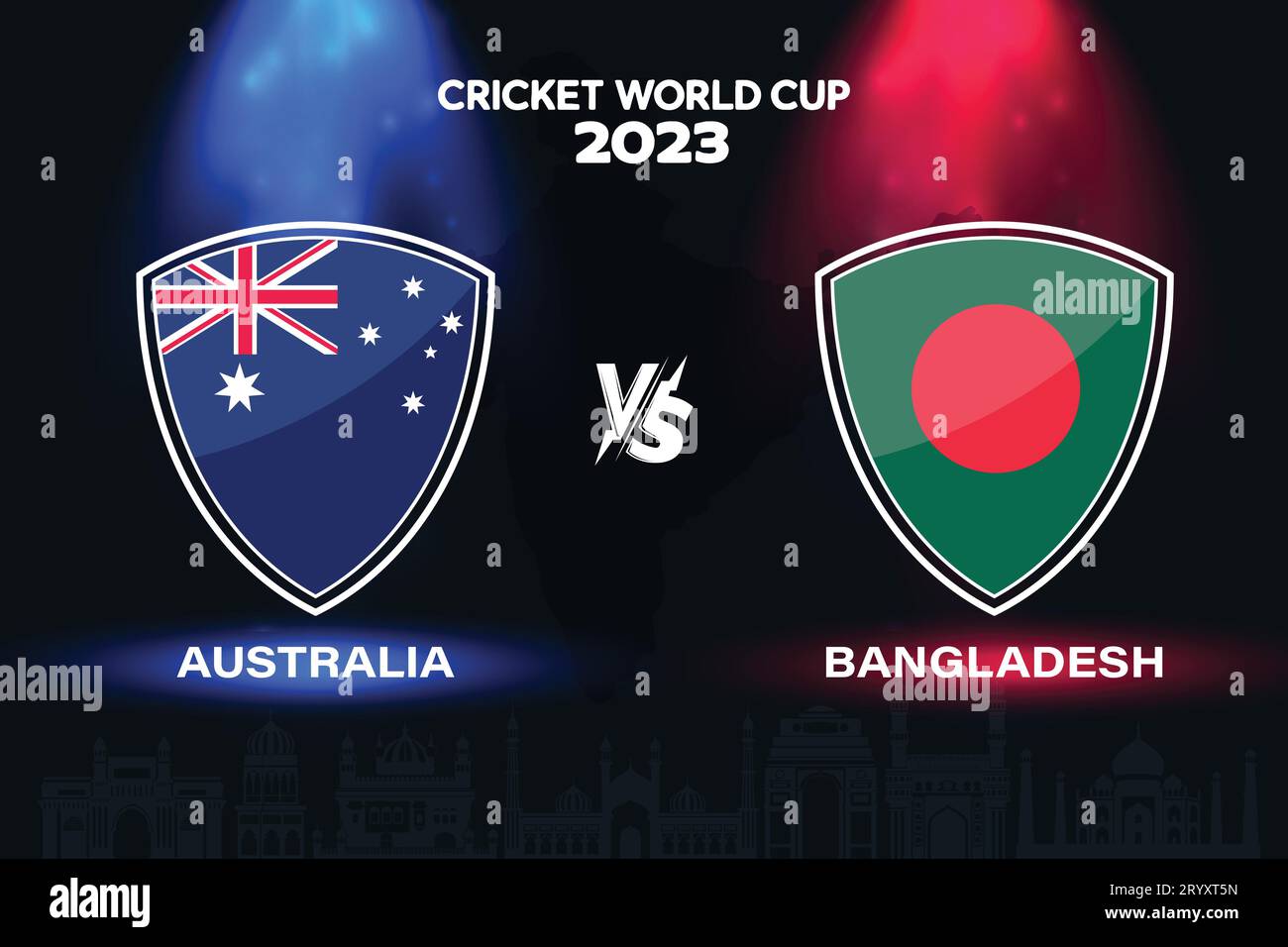 Logo bandiera internazionale del cricket Australia vs Bangladesh sullo sfondo dello skyline indiano per la finale della Coppa del mondo 2023 EPS Vector per una partita sportiva Illustrazione Vettoriale