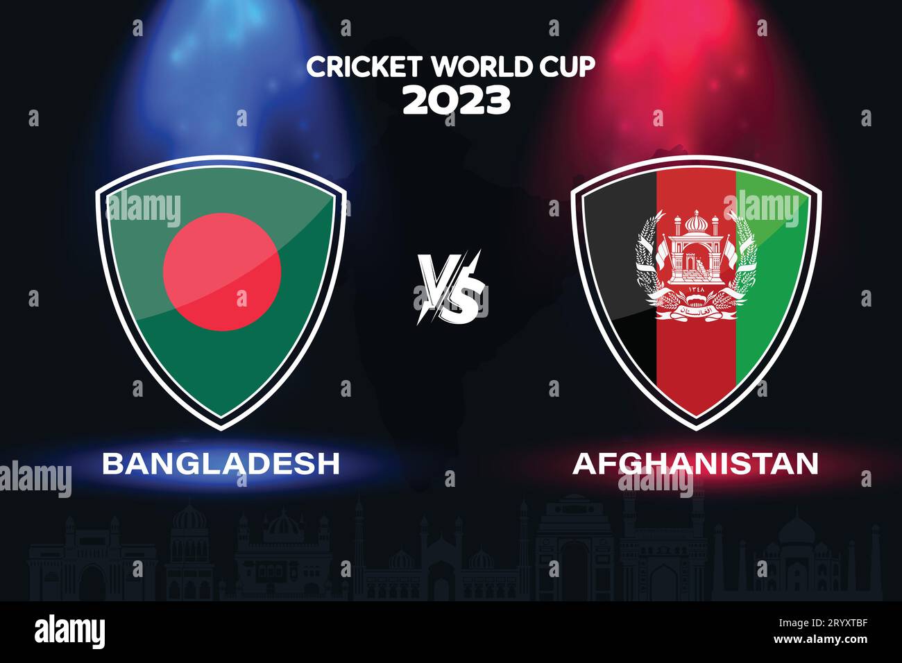 Logo bandiera internazionale del cricket Bangladesh vs Afghanistan sullo sfondo dello skyline indiano per la finale della Coppa del mondo 2023. EPS Vector per uno sport Illustrazione Vettoriale