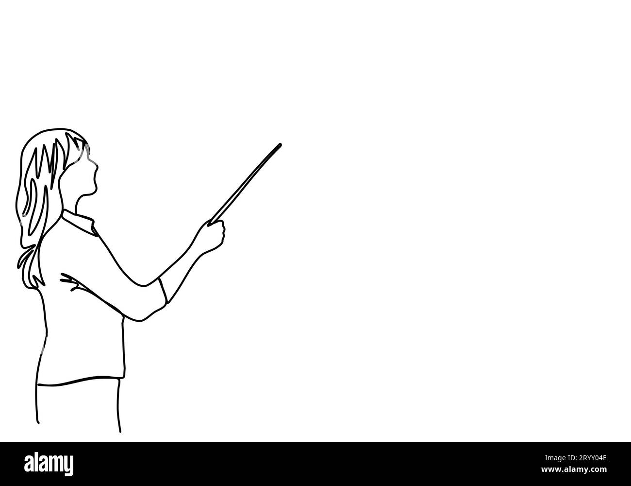 Una donna in abito da lavoro con un puntatore in mano si trova vicino alla lavagna. Disegno a una linea, illustrazione vettoriale. Illustrazione Vettoriale