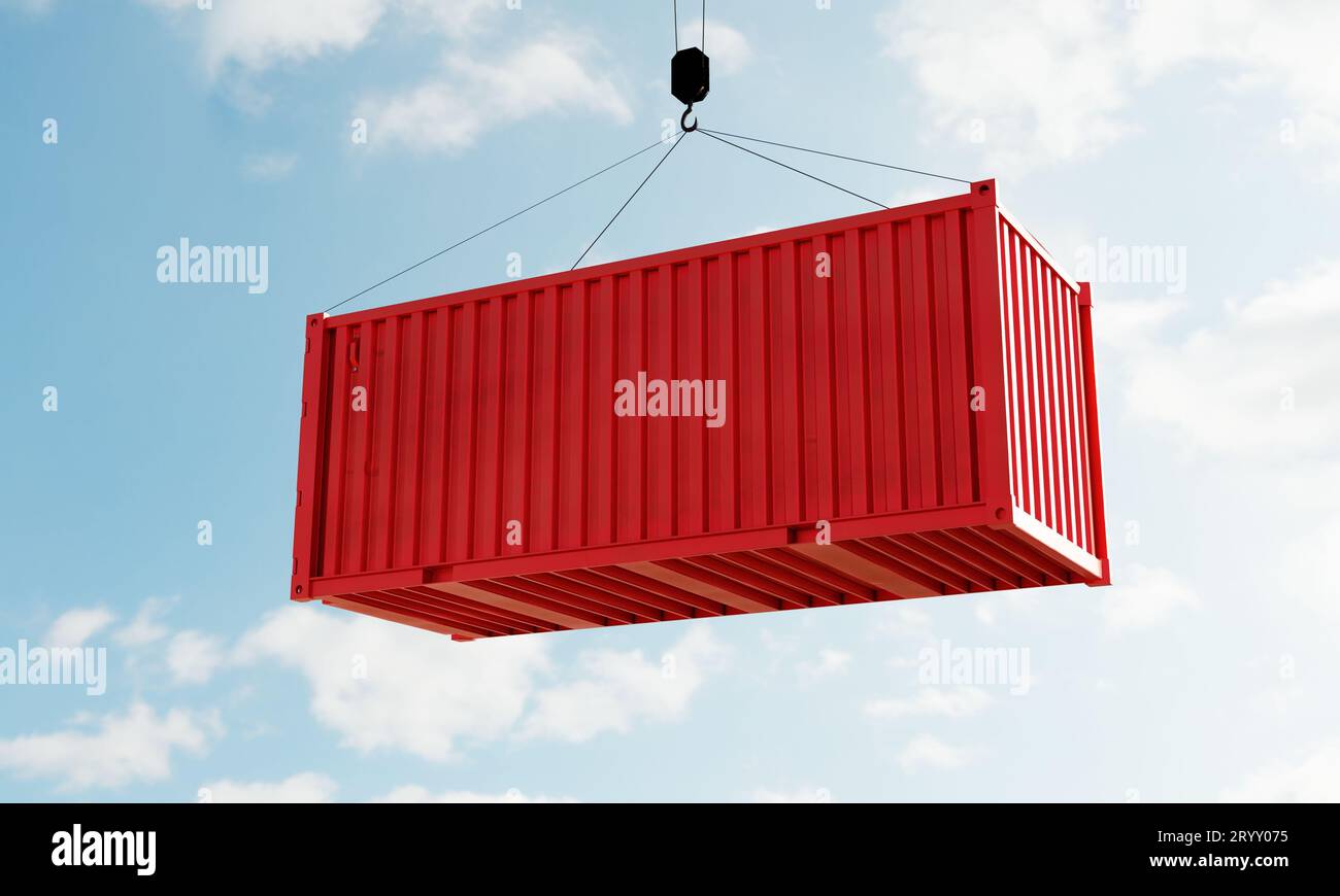 Contenitori di carico rossi con testo vuoto per modello di mockup pubblicitario su gru in magazzino deposito con sfondo cielo. Busi Foto Stock