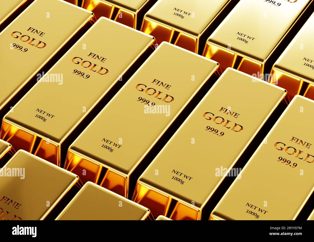 Fine barre d'oro nella volta di sicurezza. Concetto economico e finanziario delle imprese. 3D rendering dell'illustrazione Foto Stock