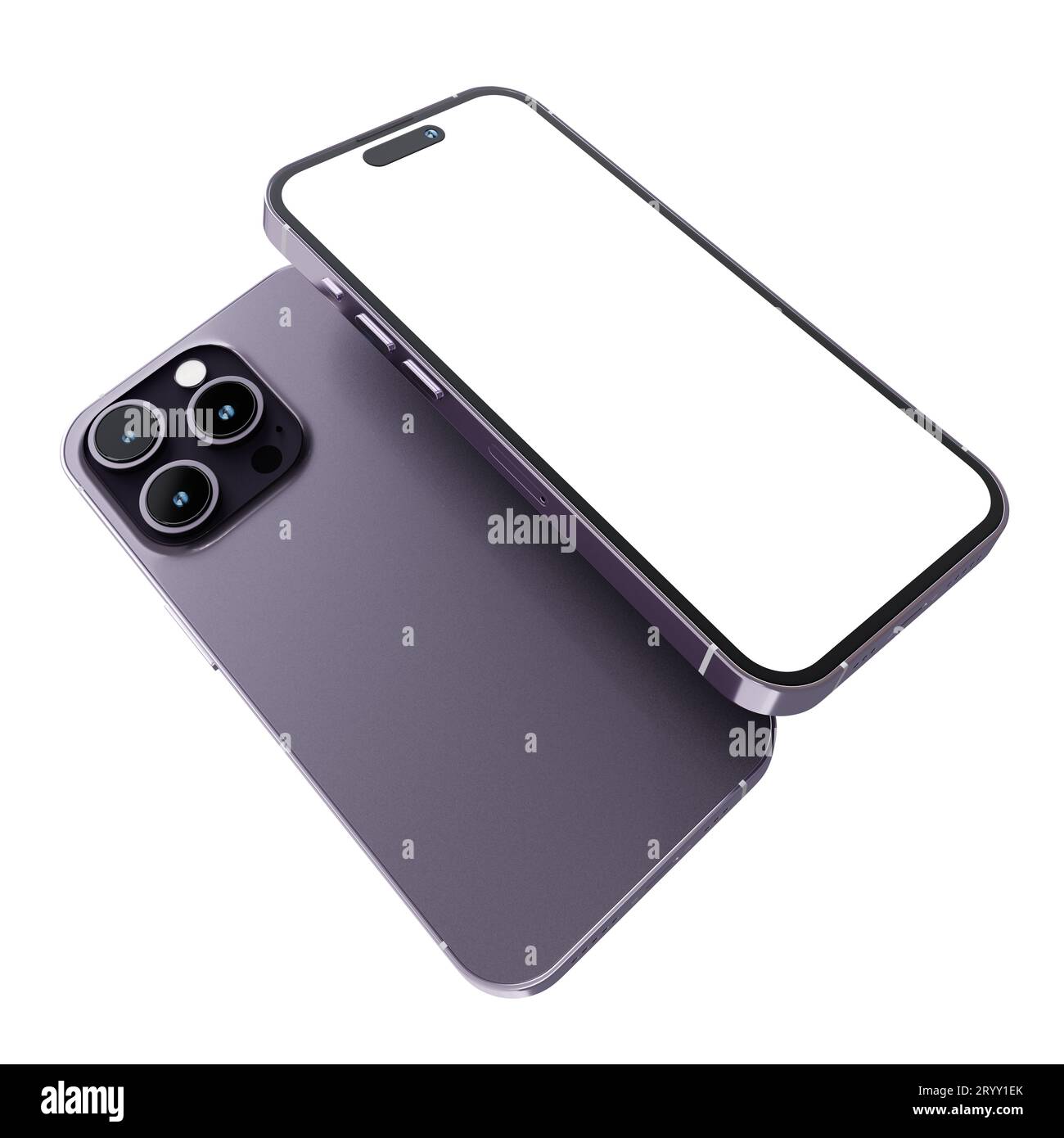 Nuovo e realistico mockup per smartphone in colore viola con modello di schermo per la pubblicità dei prodotti UI e presentazione infografica UX interf Foto Stock