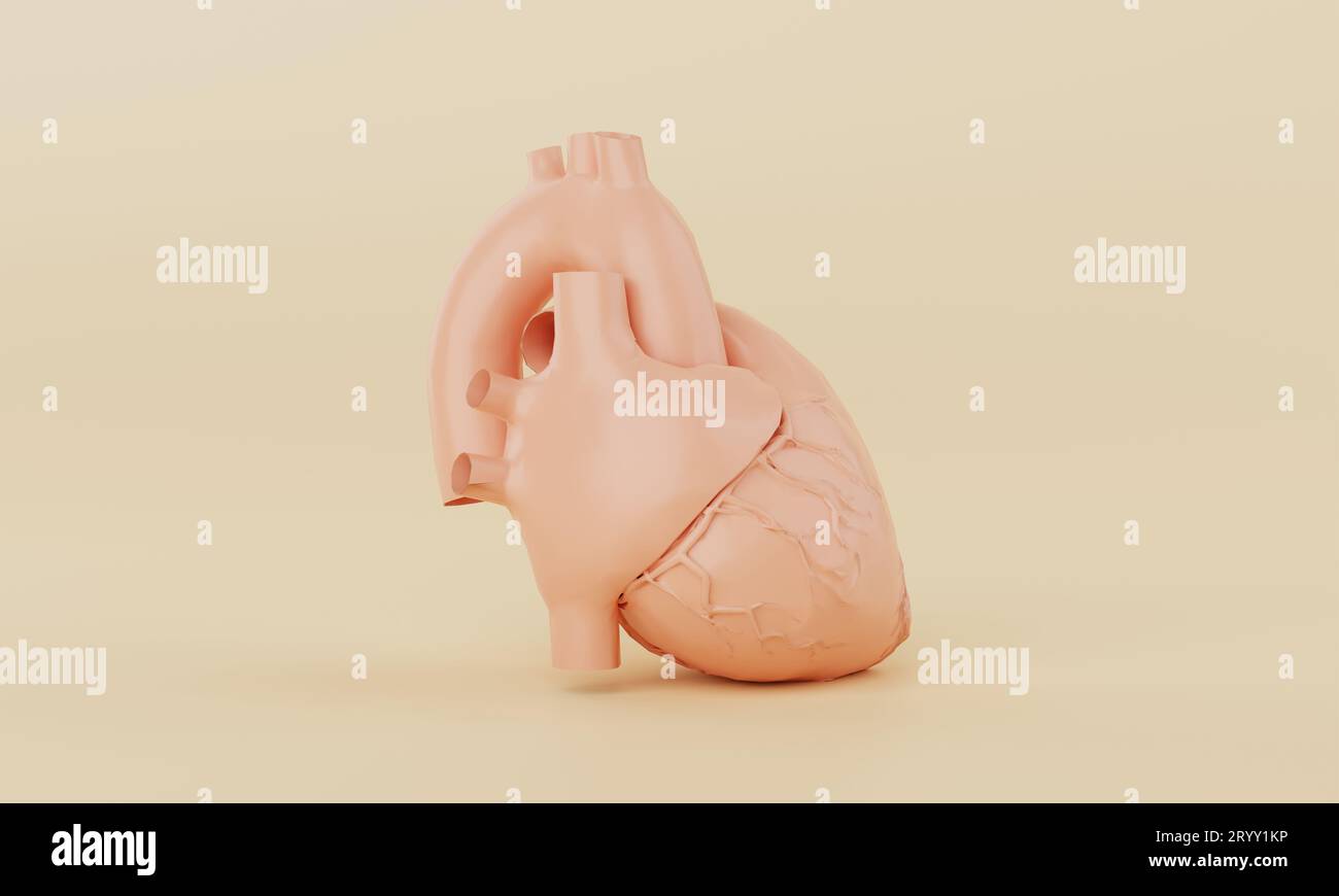 Modello cardiaco semplice arancione su sfondo giallo. Scienza medica sanità e concetto di oggetto astratto. Rendering dell'illustrazione 3D. Foto Stock