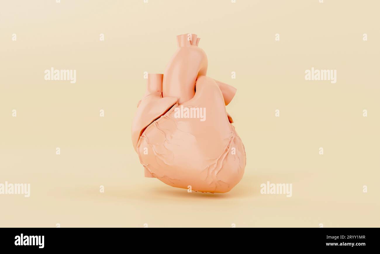 Modello cardiaco semplice arancione su sfondo giallo. Scienza medica sanità e concetto di oggetto astratto. Rendering dell'illustrazione 3D. Foto Stock