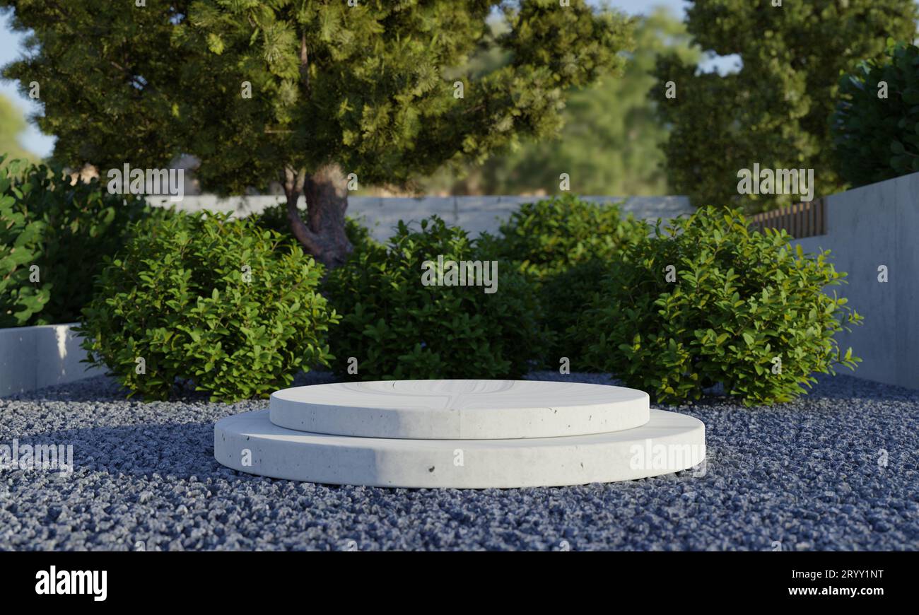 Piattaforma rotonda in pietra nel cortile e alberi naturali con sfondo ombra. Architettura esterna astratta e oggetto di riferimento Foto Stock