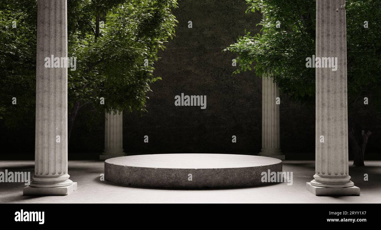 Piattaforma rotonda in pietra con colonne corinzie e alberi naturali con sfondo ombra. Oggetto storico e di riferimento per l'annuncio pubblicitario Foto Stock